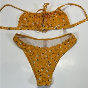 ROMWE Yellow Floral Bikini Set Ruched Tie Bandeau Top High Cut Bottom Size S